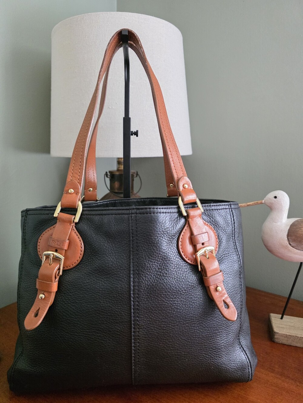Lauren Ralph Lauren Black Pebbled Leather Cognac Equestrian Shoulder Tote Bag